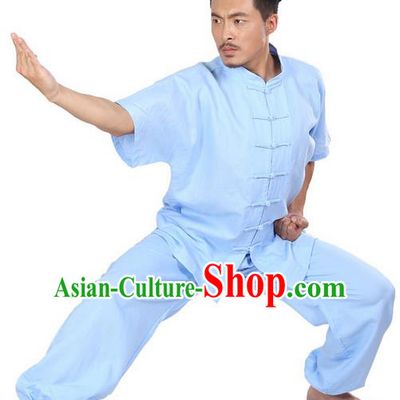 Top Grade Kung Fu Costume Martial Arts Light Blue Linen Suits Pulian Zen Clothing, Training Costume Tai Ji Meditation Uniforms Gongfu Wushu Tai Chi Short Sleeve Clothing for Men
