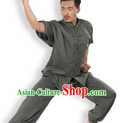 Top Grade Kung Fu Costume Martial Arts Army Green Linen Suits Pulian Zen Clothing, Training Costume Tai Ji Meditation Uniforms Gongfu Wushu Tai Chi Short Sleeve Clothing for Men