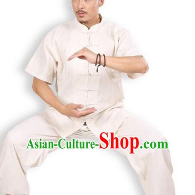 Top Grade Kung Fu Costume Martial Arts Beige Linen Suits Pulian Zen Clothing, Training Costume Tai Ji Meditation Uniforms Gongfu Wushu Tai Chi Short Sleeve Clothing for Men