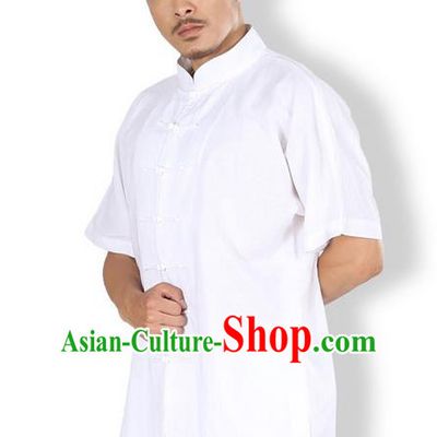Top Grade Kung Fu Costume Martial Arts White Linen Suits Pulian Zen Clothing, Training Costume Tai Ji Meditation Uniforms Gongfu Wushu Tai Chi Short Sleeve Clothing for Men