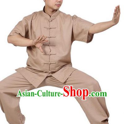 Top Grade Kung Fu Costume Martial Arts Khaki Linen Suits Pulian Zen Clothing, Training Costume Tai Ji Meditation Uniforms Gongfu Wushu Tai Chi Short Sleeve Clothing for Men