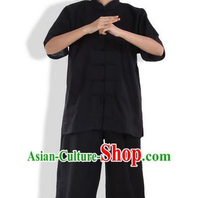 Top Grade Kung Fu Costume Martial Arts Black Linen Suits Pulian Zen Clothing, Training Costume Tai Ji Meditation Uniforms Gongfu Wushu Tai Chi Short Sleeve Clothing for Women