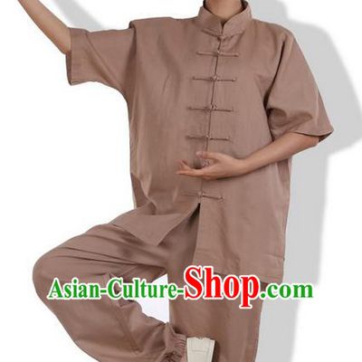 Top Grade Kung Fu Costume Martial Arts Khaki Linen Suits Pulian Zen Clothing, Training Costume Tai Ji Meditation Uniforms Gongfu Wushu Tai Chi Short Sleeve Clothing for Women