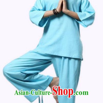 Top Grade Kung Fu Costume Martial Arts Blue Linen Suits Pulian Clothing, Zen Costume Tai Ji Meditation Uniforms Wushu Tai Chi Short Sleeve Clothing for Women