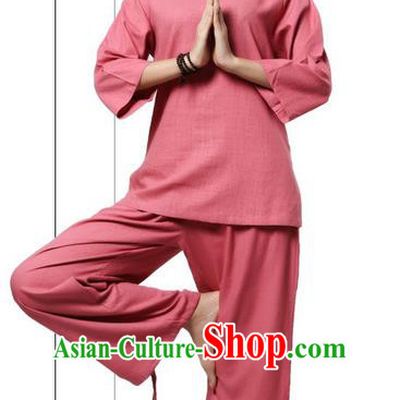 Top Grade Kung Fu Costume Martial Arts Rose Linen Suits Pulian Clothing, Zen Costume Tai Ji Meditation Uniforms Wushu Tai Chi Short Sleeve Clothing for Women