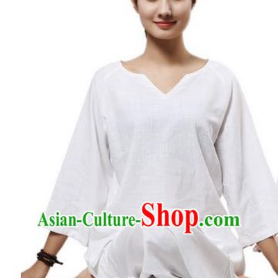 Top Grade Kung Fu Costume Martial Arts White Linen Suits Pulian Clothing, Zen Costume Tai Ji Meditation Uniforms Wushu Tai Chi Short Sleeve Clothing for Women