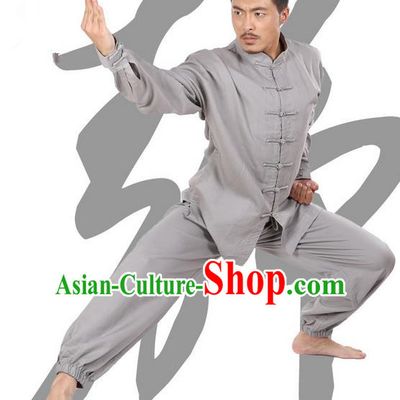 Top Grade Kung Fu Costume Martial Arts Light Grey Linen Suits Pulian Zen Clothing, Training Costume Tai Ji Meditation Uniforms Gongfu Wushu Tai Chi Plated Buttons Clothing for Men