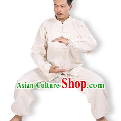 Top Grade Kung Fu Costume Martial Arts Beige Linen Suits Pulian Zen Clothing, Training Costume Tai Ji Meditation Uniforms Gongfu Wushu Tai Chi Plated Buttons Clothing for Men