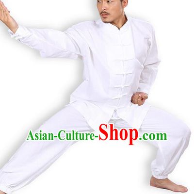 Top Grade Kung Fu Costume Martial Arts White Linen Suits Pulian Zen Clothing, Training Costume Tai Ji Meditation Uniforms Gongfu Wushu Tai Chi Plated Buttons Clothing for Men