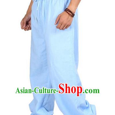 Top Grade Kung Fu Costume Martial Arts Blue Linen Pants Pulian Zen Clothing, Training Bloomers Gongfu Meditation Trousers Shaolin Wushu Tai Chi Plus Fours for Men