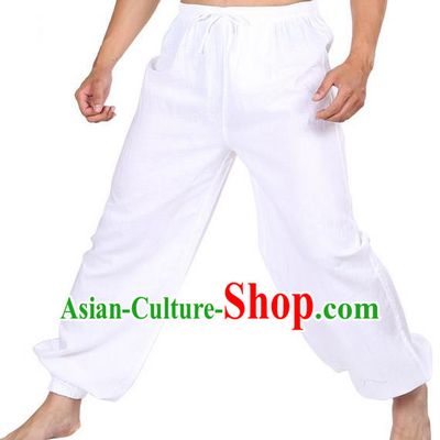 Top Grade Kung Fu Costume Martial Arts White Linen Pants Pulian Zen Clothing, Training Bloomers Gongfu Meditation Trousers Shaolin Wushu Tai Chi Plus Fours for Men