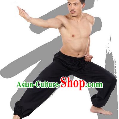 Top Grade Kung Fu Costume Martial Arts Black Linen Pants Pulian Zen Clothing, Training Bloomers Gongfu Meditation Trousers Shaolin Wushu Tai Chi Plus Fours for Men