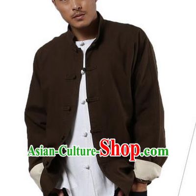 Top Grade Chinese Kung Fu Costume Martial Arts Coffee Linen Coats Pulian Clothing, Gongfu Meditation Shaolin Wushu Tai Chi Tang Suit Jacket for Men
