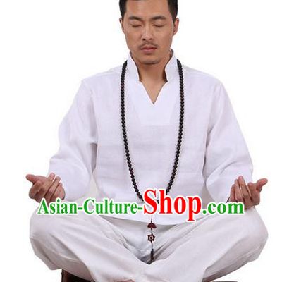 Traditional Chinese Kung Fu Costume Martial Arts White Linen Training Suits Pulian Clothing, Tai Ji Meditation Uniforms Gongfu Wushu Tai Chi Clothing for Men