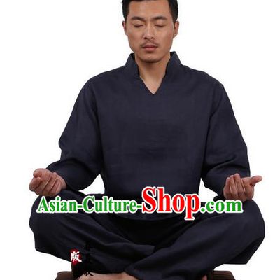 Traditional Chinese Kung Fu Costume Martial Arts Navy Linen Training Suits Pulian Clothing, Tai Ji Meditation Uniforms Gongfu Wushu Tai Chi Clothing for Men