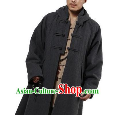 Top Grade Kung Fu Costume Martial Arts Woolen Pulian Clothing Grey Long Coat, Gongfu Shaolin Wushu Tai Chi Tang Suit Meditation Dust Coat for Women for Men