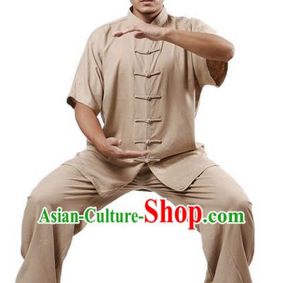 Traditional Chinese Kung Fu Costume Martial Arts Linen Khaki Suits Pulian Meditation Clothing, Tang Suit Plated Buttons Uniforms Tai Chi Clothing for Women for Men