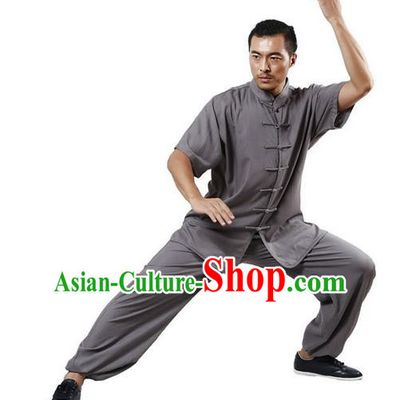 Traditional Chinese Kung Fu Costume Martial Arts Linen Grey Suits Pulian Meditation Clothing, Tang Suit Plated Buttons Uniforms Tai Chi Clothing for Men