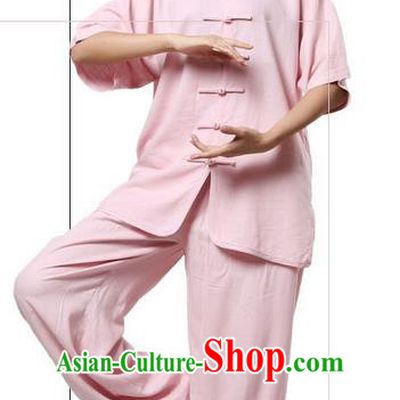 Traditional Chinese Kung Fu Costume Martial Arts Linen Pink Suits Pulian Meditation Clothing, Tang Suit Plated Buttons Uniforms Tai Chi Clothing for Women