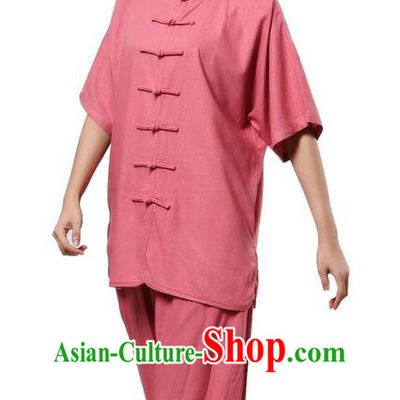 Traditional Chinese Kung Fu Costume Martial Arts Linen Rose Suits Pulian Meditation Clothing, Tang Suit Plated Buttons Uniforms Tai Chi Clothing for Women