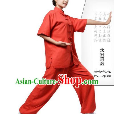 Traditional Chinese Kung Fu Costume Martial Arts Linen Watermelon Red Suits Pulian Meditation Clothing, Tang Suit Plated Buttons Uniforms Tai Chi Clothing for Women