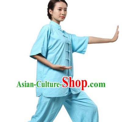 Traditional Chinese Kung Fu Costume Martial Arts Linen Blue Suits Pulian Meditation Clothing, Tang Suit Plated Buttons Uniforms Tai Chi Clothing for Women
