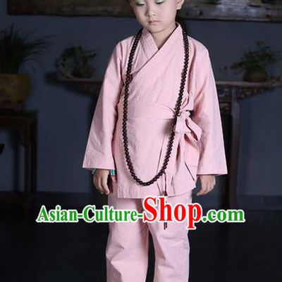 Traditional Chinese Kung Fu Costume Martial Arts Litter Monk Suits Pulian Meditation Clothing, Children Tang Suit Uniforms Tai Chi Pink Clothing for Kids