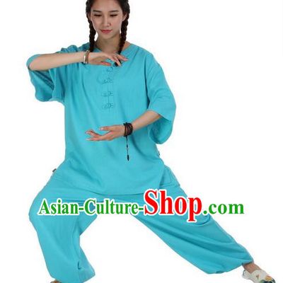 Traditional Chinese Kung Fu Costume Martial Arts Linen Suits Pulian Meditation Clothing, China Tang Suit Uniforms Tai Chi Blue Clothing for Women