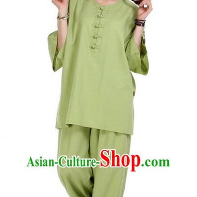 Traditional Chinese Kung Fu Costume Martial Arts Linen Suits Pulian Meditation Clothing, China Tang Suit Uniforms Tai Chi Green Clothing for Women