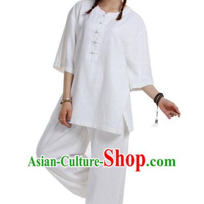 Traditional Chinese Kung Fu Costume Martial Arts Linen Suits Pulian Meditation Clothing, China Tang Suit Uniforms Tai Chi White Clothing for Women