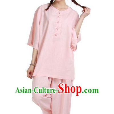 Traditional Chinese Kung Fu Costume Martial Arts Linen Suits Pulian Meditation Clothing, China Tang Suit Uniforms Tai Chi Pink Clothing for Women