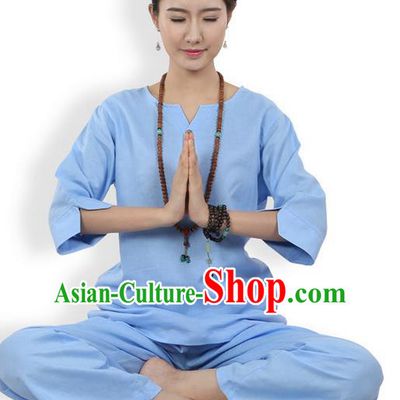Traditional Chinese Kung Fu Costume Martial Arts Linen Blue Suits Pulian Meditation Clothing, China Tang Suit Yoga Uniforms Tai Chi Clothing for Women