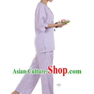 Traditional Chinese Kung Fu Costume Martial Arts Linen Light Purple Suits Pulian Meditation Clothing, China Tang Suit Yoga Uniforms Tai Chi Clothing for Women