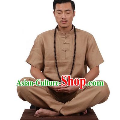Traditional Chinese Kung Fu Costume Martial Arts Linen Plated Buttons Khaki Suits Pulian Meditation Clothing, China Tang Suit Uniforms Tai Chi Clothing for Men