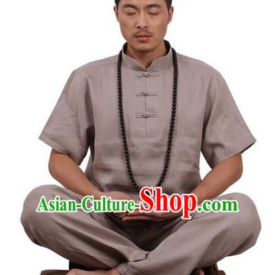 Traditional Chinese Kung Fu Costume Martial Arts Linen Plated Buttons Grey Suits Pulian Meditation Clothing, China Tang Suit Uniforms Tai Chi Clothing for Men
