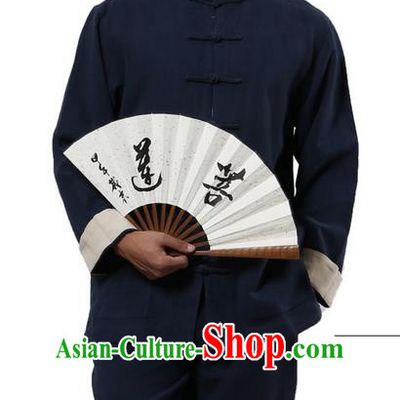 Traditional Chinese Kung Fu Costume Martial Arts Navy Ramine Suits Pulian Meditation Clothing, Tai Ji Uniforms Wushu Tai Chi Zen Clothing for Men