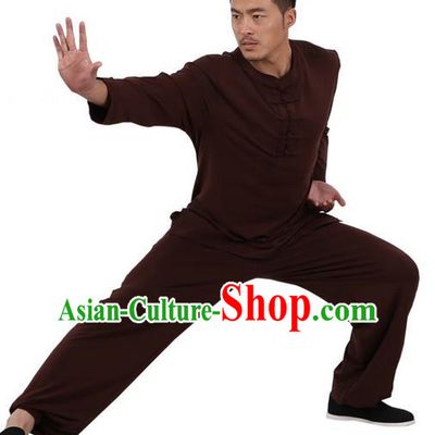 Traditional Chinese Kung Fu Costume Martial Arts Linen Plated Buttons Coffee Suits Pulian Meditation Clothing, China Tang Suit Uniforms Tai Chi Clothing for Men