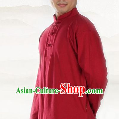 Traditional Chinese Kung Fu Costume Martial Arts Linen Plated Buttons Red Shirt Pulian Meditation Clothing, China Tang Suit T-Shirts Tai Chi Clothing for Men