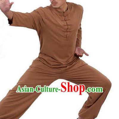 Traditional Chinese Kung Fu Costume Martial Arts Linen Plated Buttons Khaki Suits Pulian Meditation Clothing, China Tang Suit Uniforms Tai Chi Clothing for Men