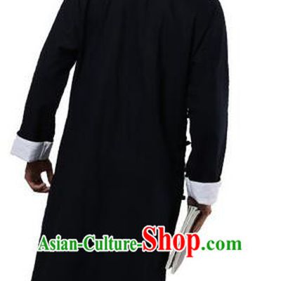 Traditional Chinese Kung Fu Costume Martial Arts Linen Plated Buttons Black Long Robe Pulian Clothing, China Tang Suit Long Flown Tai Chi Clothing for Men