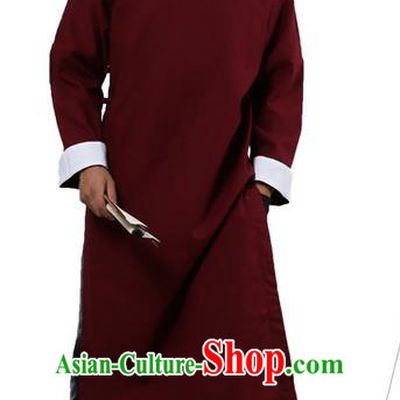 Traditional Chinese Kung Fu Costume Martial Arts Linen Plated Buttons Red Long Robe Pulian Clothing, China Tang Suit Long Flown Tai Chi Clothing for Men