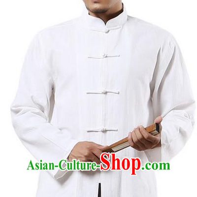Traditional Chinese Kung Fu Costume Martial Arts Linen Plated Buttons White Overshirt Pulian Clothing, China Tang Suit Shirt Tai Chi Clothing for Men