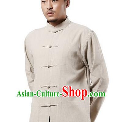 Traditional Chinese Kung Fu Costume Martial Arts Linen Plated Buttons Beige Overshirt Pulian Clothing, China Tang Suit Shirt Tai Chi Clothing for Men