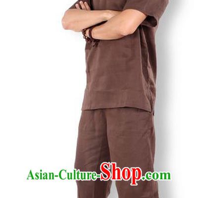 Traditional Chinese Kung Fu Costume Martial Arts Linen Coffee Suits Pulian Clothing, China Tang Suit Uniforms Tai Chi Meditation Clothing for Men