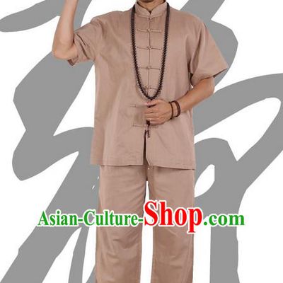 Traditional Chinese Kung Fu Costume Martial Arts Ice Silk Linen Short Sleeve Khaki Suits Pulian Clothing, China Tang Suit Uniforms Tai Chi Meditation Clothing for Men