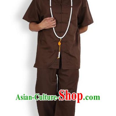 Traditional Chinese Kung Fu Costume Martial Arts Ice Silk Linen Short Sleeve Coffee Suits Pulian Clothing, China Tang Suit Uniforms Tai Chi Meditation Clothing for Men