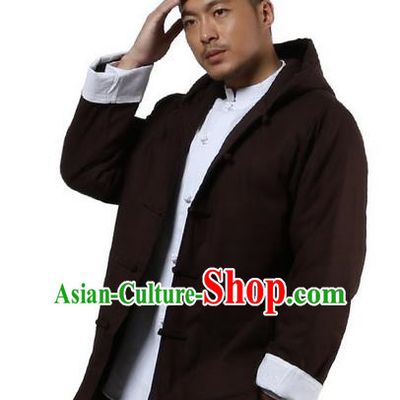 Traditional Chinese Kung Fu Costume Martial Arts Linen Hooded Coat Pulian Clothing, China Tang Suit Jackets Tai Chi Meditation Coffee Overcoat Clothing for Men