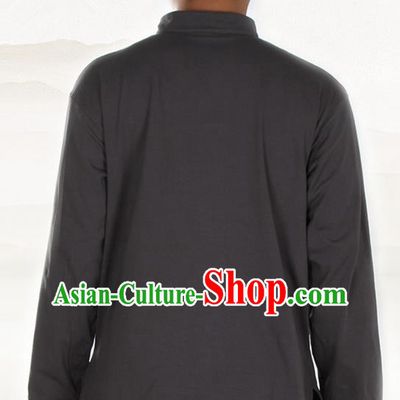 Traditional Chinese Kung Fu Costume Martial Arts Linen Plated Buttons Grey Shirt Pulian Meditation Clothing, China Tang Suit T-Shirts Tai Chi Clothing for Men