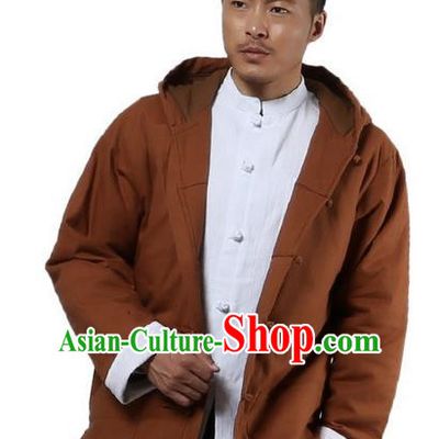Traditional Chinese Kung Fu Costume Martial Arts Linen Hooded Coat Pulian Clothing, China Tang Suit Jackets Tai Chi Meditation Khaki Overcoat Clothing for Men