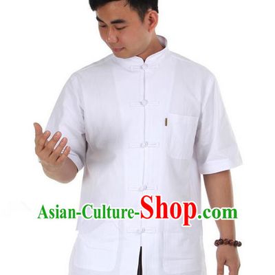 Traditional Chinese Kung Fu Costume Martial Arts Linen Short Sleeve Shirts Pulian Clothing, China Tang Suit T-Shirt Tai Chi Meditation White Overshirt for Men